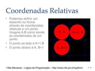 Coordenadas Relativas
• Podemos definir um
desenho ou forma
através de coordenadas
relativas a um ponto.
Imagine A,B como sendo
as coordenadas de um
ponto.
• O ponto ao lado é A+1,B
• O ponto abaixo é A, B+1
34
Nilo Menezes – Lógica de Programação – http://www.nilo.pro.br/python/
 