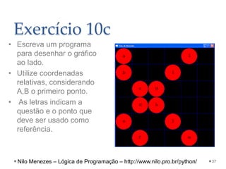 Exercício 10c
37
• Escreva um programa
para desenhar o gráfico
ao lado.
• Utilize coordenadas
relativas, considerando
A,B o primeiro ponto.
• As letras indicam a
questão e o ponto que
deve ser usado como
referência.
Nilo Menezes – Lógica de Programação – http://www.nilo.pro.br/python/
 
