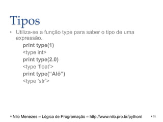 Tipos
• Utiliza-se a função type para saber o tipo de uma
expressão.
print type(1)
<type int>
print type(2.0)
<type ‘float’>
print type(“Alô”)
<type ‘str’>
55
Nilo Menezes – Lógica de Programação – http://www.nilo.pro.br/python/
 