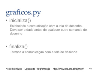 graficos.py
• inicializa()
Estabelece a comunicação com a tela de desenho.
Deve ser o dado antes de qualquer outro comando de
desenho
• finaliza()
Termina a comunicação com a tela de desenho
68
Nilo Menezes – Lógica de Programação – http://www.nilo.pro.br/python/
 