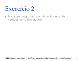 Exercício 2
• Faça um programa para desenhar uma linha
vertical numa tela de 5x5
11
Nilo Menezes – Lógica de Programação – http://www.nilo.pro.br/python/
 