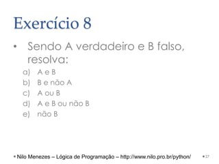 Exercício 8
• Sendo A verdadeiro e B falso,
resolva:
a) A e B
b) B e não A
c) A ou B
d) A e B ou não B
e) não B
27
Nilo Menezes – Lógica de Programação – http://www.nilo.pro.br/python/
 