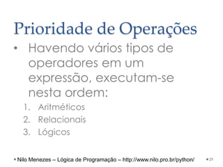 Prioridade de Operações
• Havendo vários tipos de
operadores em um
expressão, executam-se
nesta ordem:
1. Aritméticos
2. Relacionais
3. Lógicos
29
Nilo Menezes – Lógica de Programação – http://www.nilo.pro.br/python/
 