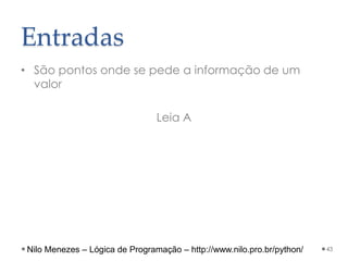 Entradas
• São pontos onde se pede a informação de um
valor
Leia A
43
Nilo Menezes – Lógica de Programação – http://www.nilo.pro.br/python/
 
