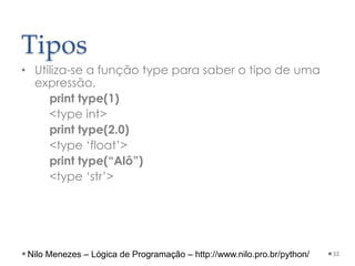 Tipos
• Utiliza-se a função type para saber o tipo de uma
expressão.
print type(1)
<type int>
print type(2.0)
<type ‘float’>
print type(“Alô”)
<type ‘str’>
55
Nilo Menezes – Lógica de Programação – http://www.nilo.pro.br/python/
 