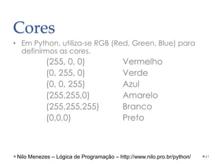 Cores
• Em Python, utiliza-se RGB (Red, Green, Blue) para
definirmos as cores.
(255, 0, 0) Vermelho
(0, 255, 0) Verde
(0, 0, 255) Azul
(255,255,0) Amarelo
(255,255,255) Branco
(0,0,0) Preto
61
Nilo Menezes – Lógica de Programação – http://www.nilo.pro.br/python/
 