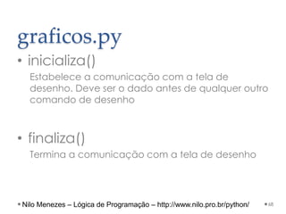 graficos.py
• inicializa()
Estabelece a comunicação com a tela de
desenho. Deve ser o dado antes de qualquer outro
comando de desenho
• finaliza()
Termina a comunicação com a tela de desenho
68
Nilo Menezes – Lógica de Programação – http://www.nilo.pro.br/python/
 