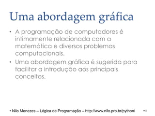 Uma abordagem gráfica
• A programação de computadores é
intimamente relacionada com a
matemática e diversos problemas
computacionais.
• Uma abordagem gráfica é sugerida para
facilitar a introdução aos principais
conceitos.
8
Nilo Menezes – Lógica de Programação – http://www.nilo.pro.br/python/
 