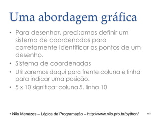 • Para desenhar, precisamos definir um
sistema de coordenadas para
corretamente identificar os pontos de um
desenho.
• Sistema de coordenadas
• Utilizaremos daqui para frente coluna e linha
para indicar uma posição.
• 5 x 10 significa: coluna 5, linha 10
9
Uma abordagem gráfica
Nilo Menezes – Lógica de Programação – http://www.nilo.pro.br/python/
 