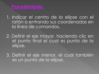 Procedimiento.
1. Indicar el centro de la elipse con el
ratón o entrando sus coordenadas en
la línea de comandos.
2. Definir el eje mayor, haciendo clic en
el punto final el cual es punto de la
elipse.
3. Definir el eje menor, el cual también
es un punto de la elipse.
 