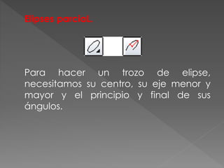 Elipses parciaL.
Para hacer un trozo de elipse,
necesitamos su centro, su eje menor y
mayor y el principio y final de sus
ángulos.
 