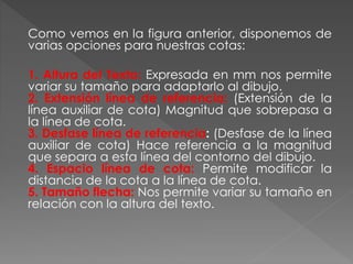 Como vemos en la figura anterior, disponemos de
varias opciones para nuestras cotas:
1. Altura del Texto: Expresada en mm nos permite
variar su tamaño para adaptarlo al dibujo.
2. Extensión línea de referencia: (Extensión de la
línea auxiliar de cota) Magnitud que sobrepasa a
la línea de cota.
3. Desfase línea de referencia: (Desfase de la línea
auxiliar de cota) Hace referencia a la magnitud
que separa a esta línea del contorno del dibujo.
4. Espacio línea de cota: Permite modificar la
distancia de la cota a la línea de cota.
5. Tamaño flecha: Nos permite variar su tamaño en
relación con la altura del texto.
 