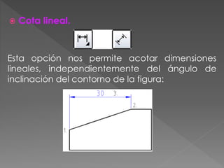  Cota lineal.
Esta opción nos permite acotar dimensiones
lineales, independientemente del ángulo de
inclinación del contorno de la figura:
 