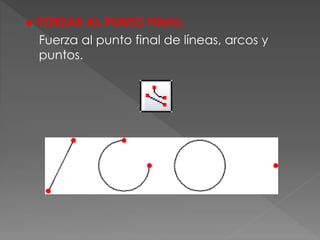 ● FORZAR AL PUNTO FINAL:
Fuerza al punto final de líneas, arcos y
puntos.
 