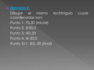  Ejercicio 2:
Dibujar el mismo rectángulo cuyas
coordenadas son:
Punto 1: 70,30 (inicial)
Punto 2: @30,0
Punto 3: @0,20
Punto 4: @-30,0
Punto 5Ξ1: @0,-20 (final)
 