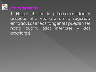 Procedimiento.
1. Hacer clic en la primera entidad y
después otra vez clic en la segunda
entidad. Las líneas tangentes pueden ser
hasta cuatro (dos interiores y dos
exteriores).
 