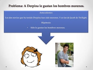 Antecedentes:

Los dos novios que ha tenido Derpina han sido morenos. Y es fan de Jacob de Twilight.

                                     Hipótesis:

                      •   Sólo le gustan los hombres morenos.
 