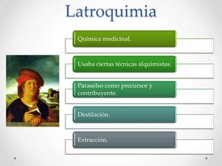 Latroquimia
 Química medicinal.



 Usaba ciertas técnicas alquimistas.


 Paraselso como precursor y
 contribuyente.


 Destilación.



 Extracción.
 
