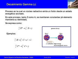 Centro Superior de Estudios Nucleares ­ CSEN Enero 2010 Diaposita 19 de 46
Decaimiento Gamma (g)
Proceso en la cual un núc...
