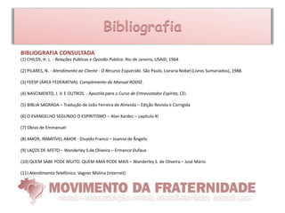 Bibliografia
BIBLIOGRAFIA CONSULTADA
(1) CHILDS, H. L. - Relações Públicas e Opinião Pública. Rio de Janeiro, USAID, 1964.

(2) PILARES, N. - Atendimento ao Cliente - O Recurso Esquecido. São Paulo, Livraria Nobel (Livros Sumariados), 1988.

(3) FEESP (ÁREA FEDERATIVA). Complemento do Manual RODSE.

(4) NASCIMENTO, J. V. E OUTROS. - Apostila para o Curso de Entrevistador Espírita, CEI.

(5) BIBLIA SAGRADA – Tradução de João Ferreira de Almeida – Edição Revista e Corrigida

(6) O EVANGELHO SEGUNDO O ESPIRITISMO – Alan Kardec – capítulo XI

(7) Obras de Emmanuel

(8) AMOR, IMBATÍVEL AMOR - Divaldo Franco – Joanna de Ângelis

(9) LAÇOS DE AFETO – Wanderley S.de Oliveira – Ermance Dufaux

(10) QUEM SABE PODE MUITO. QUEM AMA PODE MAIS – Wanderley S. de Oliveira – José Mário

(11) Atendimento Telefônico: Vagner Molina (Internet)
 