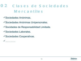 Sociedades Anónimas. Sociedades Anónimas Unipersonales. Socidades de Responsabilidad Limitada. Sociedades Laborales. Sociedades Cooperativas. ………… Clases de Sociedades Mercantiles 02 