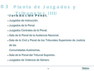 Jurisdicción Penal. Juzgados de instrucción. Juzgados de lo Penal. Juzgados Centrales de lo Penal. Sala de lo Penal de la Audiencia Nacional. Sala de lo Civil y Penal de los Tribunales Superiores de Justicia de las Comunidades Autónomas. Sala de lo Penal del Tribunal Supremo. Juzgados de Violencia de Género. Planta de Juzgados y Tribunales (III) 03 