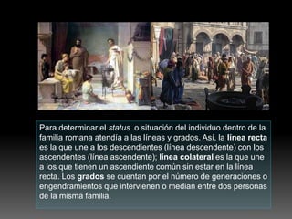 Para determinar el status o situación del individuo dentro de la
familia romana atendía a las líneas y grados. Así, la línea recta
es la que une a los descendientes (línea descendente) con los
ascendentes (línea ascendente); línea colateral es la que une
a los que tienen un ascendiente común sin estar en la línea
recta. Los grados se cuentan por el número de generaciones o
engendramientos que intervienen o median entre dos personas
de la misma familia.
 