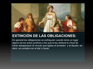 EXTINCIÓN DE LAS OBLIGACIONES:
En general las obligaciones se extinguían cuando tenía un lugar
alguno de los actos jurídicos a los que la ley atribuía la virtud de
hacer desaparecer el vínculo que ligaba al acreedor y al deudor, es
decir, se cumplía con el dar o hacer.
 