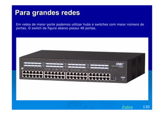 Para grandes redes
Em redes de maior porte podemos utilizar hubs e switches com maior número de
portas. O switch da figura abaixo possui 48 portas.

Índice

130

 