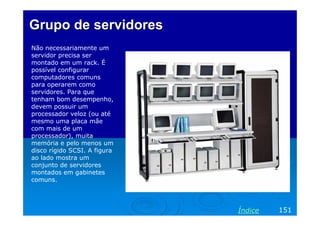 Grupo de servidores
Não necessariamente um
servidor precisa ser
montado em um rack. É
possível configurar
computadores comuns
para operarem como
servidores. Para que
tenham bom desempenho,
devem possuir um
processador veloz (ou até
mesmo uma placa mãe
com mais de um
processador), muita
memória e pelo menos um
disco rígido SCSI. A figura
ao lado mostra um
conjunto de servidores
montados em gabinetes
comuns.

Índice

151

 