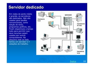 Servidor dedicado
Em redes de porte médio
e grande, os servidores
são dedicados. Não são
usados para tarafes
convencionais, como
edição de texto,
programas gráficos, etc.
Ficam disponíveis o tempo
todo para permitir que
seus recursos sejam
usados por outros
computadores. Na
pequena rede ao lado
temos um servidor e 7
estações de trabalho.

Índice

18

 