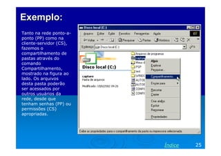 Exemplo:
Tanto na rede ponto-aponto (PP) como na
cliente-servidor (CS),
fazemos o
compartilhamento de
pastas através do
comando
Compartilhamento,
mostrado na figura ao
lado. Os arquivos
desta pasta poderão
ser acessados por
outros usuários da
rede, desde que
tenham senhas (PP) ou
permissões (CS)
apropriadas.

Índice

25

 