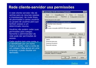 Rede cliente-servidor usa permissões
A rede cliente-servidor não dá
senhas para os recursos (pastas
e impressoras). Ao invés disso,
dá permissões a certos usuários
ou grupos de usuários para que
tenham acesso a um
determinado recurso.
Usuários não podem ceder suas
permissões para colegas.
Somente o administrador da
rede pode dar permissões de
acesso.
Cada usuário tem uma conta, e
é identificado por um nome
(login) e senha. Usar a conta de
um colega é falta grave em uma
empresa, e pode resultar em
demissão.

Índice

28

 