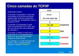Cinco camadas do TCP/IP
Explicando melhor:
A camada 5 (aplicação) é onde são
executados os diversos protocolos
usados pelos diversos programas.
Por exemplo, os navegadores usam o
protocolo HTTP.
A camada 4 (transporte) é onde
ficam os protocolos TCP e UDP, que
por sua vez servem aos protocolos
da camada 5.
A camada 3 (Rede) é onde fica o
protocolo IP, e é responsável por
fazer com que cada informação
chegue ao local correto.
As camadas 1 e 2 são formadas por
placas, cabos e equipamentos.
Seguem o padrão ETHERNET.

Índice

282

 