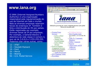 www.iana.org
O IANA (Internet Assigned Numbers
Authority) é uma organização
responsável pela regulamentação do
uso da Internet em todo o mundo.
Nela as diversas empresas reservam
faixas de endereços IP. Também é
feita a distribuição de IPs por países.
Estão registradas por exemplo,
diversas faixas de IP por empresas.
Por exemplo, a General Electric é
detentora da rede classe A número 3,
que vai de 3.0.0.0 a 3.255.255.255.
Podemos citar várias outras, como:
12
15
19
54
55
56

–
–
–
–
–
–

AT&T
Hewlett-Packard
Ford
Merck
Boeing
U.S. Postal Service

Índice

290

 