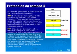 Protocolos da camada 4
Na camada 4 encontramos os protocolos TCP e
UDP. Ambos são muito parecidos.
UDP: É um protocolo mais rápido, pois não
utiliza controle de erros a cada pacote
transmitido. É indicado para transmissão de
som e vídeo ao vivo via Internet. Quando um
pacote é perdido ou apresenta erro, não existe
como retransmiti-lo, já que trata-se de uma
transmissão ao vivo.
TCP: Este protocolo é mais demorado, e
também mais seguro. A cada pacote
transmitido é feita uma conferência dos dados,
seguida de confirmação. Em caso de erro ou
perda de dados, o pacote é retransmitido. Este
protocolo não se aplica para transmissões ao
vivo, mas é indicado para downloads, casos em
que queremos que o arquivo recebido seja
totalmente idêntico ao transmitido. A
performance é menor, mas a integridade dos
dados é garantida.

Índice

302

 