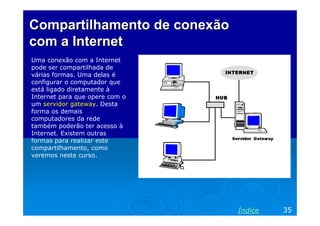 Compartilhamento de conexão
com a Internet
Uma conexão com a Internet
pode ser compartilhada de
várias formas. Uma delas é
configurar o computador que
está ligado diretamente à
Internet para que opere com o
um servidor gateway. Desta
forma os demais
computadores da rede
também poderão ter acesso à
Internet. Existem outras
formas para realizar este
compartilhamento, como
veremos neste curso.

Índice

35

 