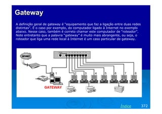 Gateway
A definição geral de gateway é “equipamento que faz a ligação entre duas redes
distintas”. É o caso por exemplo, do computador ligado à Internet no exemplo
abaixo. Nesse caso, também é correto chamar este computador de “roteador”.
Note entretanto que a palavra “gateway” é muito mais abrangente, ou seja, o
roteador que liga uma rede local à Internet é um caso particular de gateway.

Índice

372

 