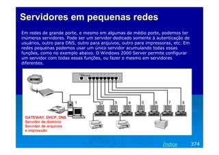 Servidores em pequenas redes
Em redes de grande porte, e mesmo em algumas de médio porte, podemos ter
inúmeros servidores. Pode ser um servidor dedicado somente à autenticação de
usuários, outro para DNS, outro para arquivos, outro para impressoras, etc. Em
redes pequenas podemos usar um único servidor acumulando todas essas
funções, como no exemplo abaixo. O Windows 2000 Server permite configurar
um servidor com todas essas funções, ou fazer o mesmo em servidores
diferentes.

Índice

374

 