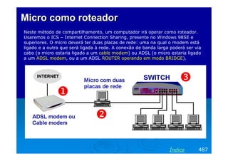Micro como roteador
Neste método de compartilhamento, um computador irá operar como roteador.
Usaremos o ICS – Internet Connection Sharing, presente no Windows 98SE e
superiores. O micro deverá ter duas placas de rede: uma na qual o modem está
ligado e a outra que será ligada à rede. A conexão de banda larga poderá ser via
cabo (o micro estaria ligado a um cable modem) ou ADSL (o micro estaria ligado
a um ADSL modem, ou a um ADSL ROUTER operando em modo BRIDGE).

Índice

487

 