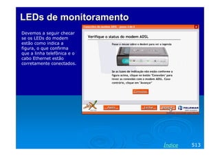 LEDs de monitoramento
Devemos a seguir checar
se os LEDs do modem
estão como indica a
figura, o que confirma
que a linha telefônica e o
cabo Ethernet estão
corretamente conectados.

Índice

513

 