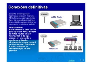 Conexões definitivas
Durante a configuração
ligamos apenas um micro no
ADSL Router. Agora podemos
fazer as conexões definitivas:
ligar o ADSL router e todos os
micros em um hub ou switch.
IMPORTANTE:
Normalmente o cabo usado
para ligar um ADSL modem
ou ADSL router em um
hub/switch é do tipo
crossover, enquanto o
usado para ligação
diretamente em um micro é
do tipo normal. Entretanto
é bom confirmar na
documentação do seu
produto.

Índice

517

 