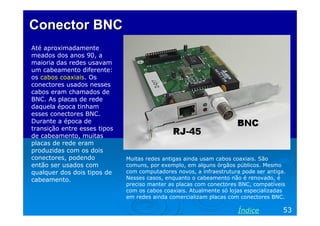 Conector BNC
Até aproximadamente
meados dos anos 90, a
maioria das redes usavam
um cabeamento diferente:
os cabos coaxiais. Os
conectores usados nesses
cabos eram chamados de
BNC. As placas de rede
daquela época tinham
esses conectores BNC.
Durante a época de
transição entre esses tipos
de cabeamento, muitas
placas de rede eram
produzidas com os dois
conectores, podendo
então ser usados com
qualquer dos dois tipos de
cabeamento.

Muitas redes antigas ainda usam cabos coaxiais. São
comuns, por exemplo, em alguns órgãos públicos. Mesmo
com computadores novos, a infraestrutura pode ser antiga.
Nesses casos, enquanto o cabeamento não é renovado, é
preciso manter as placas com conectores BNC, compatíveis
com os cabos coaxiais. Atualmente só lojas especializadas
em redes ainda comercializam placas com conectores BNC.

Índice

53

 