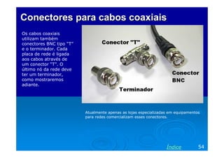 Conectores para cabos coaxiais
Os cabos coaxiais
utilizam também
conectores BNC tipo “T”
e o terminador. Cada
placa de rede é ligada
aos cabos através de
um conector “T”. O
último nó da rede deve
ter um terminador,
como mostraremos
adiante.

Atualmente apenas as lojas especializadas em equipamentos
para redes comercializam esses conectores.

Índice

54

 