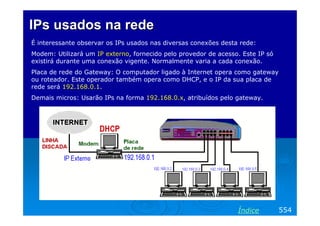 IPs usados na rede
É interessante observar os IPs usados nas diversas conexões desta rede:
Modem: Utilizará um IP externo, fornecido pelo provedor de acesso. Este IP só
existirá durante uma conexão vigente. Normalmente varia a cada conexão.
Placa de rede do Gateway: O computador ligado à Internet opera como gateway
ou roteador. Este operador também opera como DHCP, e o IP da sua placa de
rede será 192.168.0.1.
Demais micros: Usarão IPs na forma 192.168.0.x, atribuídos pelo gateway.

Índice

554

 