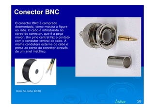 Conector BNC
O conector BNC é comprado
desmontado, como mostra a figura
ao lado. O cabo é introduzido no
corpo do conector, que é a peça
maior. Um pino central faz o contato
com o condutor central do cabo. A
malha condutora externa do cabo é
presa ao corpo do conector através
de um anel metálico.

Rolo de cabo RG58

Índice

58

 