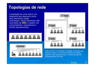 Topologias de rede
A topologia de uma rede é um
diagrama que descreve como
seus elementos estão
conectados. Esses elementos são
chamados de NÓS, e podem ser
computadores, impressoras e
outros equipamentos.

Seja qual for a topologia utilizada, é preciso que
sempre exista um caminho através de cabos,
ligando cada equipamento, a todos os demais
equipamentos da rede.

Índice

6

 