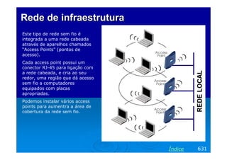 Rede de infraestrutura
Este tipo de rede sem fio é
integrada a uma rede cabeada
através de aparelhos chamados
“Access Points” (pontos de
acesso).
Cada access point possui um
conector RJ-45 para ligação com
a rede cabeada, e cria ao seu
redor, uma região que dá acesso
sem fio a computadores
equipados com placas
apropriadas.
Podemos instalar vários access
points para aumentra a área de
cobertura da rede sem fio.

Índice

631

 