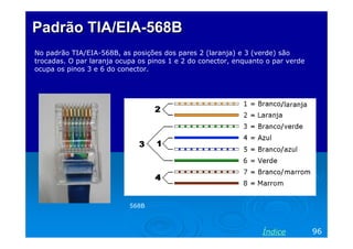 Padrão TIA/EIA-568B
No padrão TIA/EIA-568B, as posições dos pares 2 (laranja) e 3 (verde) são
trocadas. O par laranja ocupa os pinos 1 e 2 do conector, enquanto o par verde
ocupa os pinos 3 e 6 do conector.

568B

Índice

96

 
