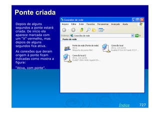 Ponte criada
Depois de alguns
segundos a ponte estará
criada. De início ela
aparece marcada com
um “X” vermelho, mas
depois de alguns
segundos fica ativa.
As conexões que deram
origem à ponte ficam
indicadas como mostra a
figura:
“Ativa, com ponte”.




                          Índice   727
 